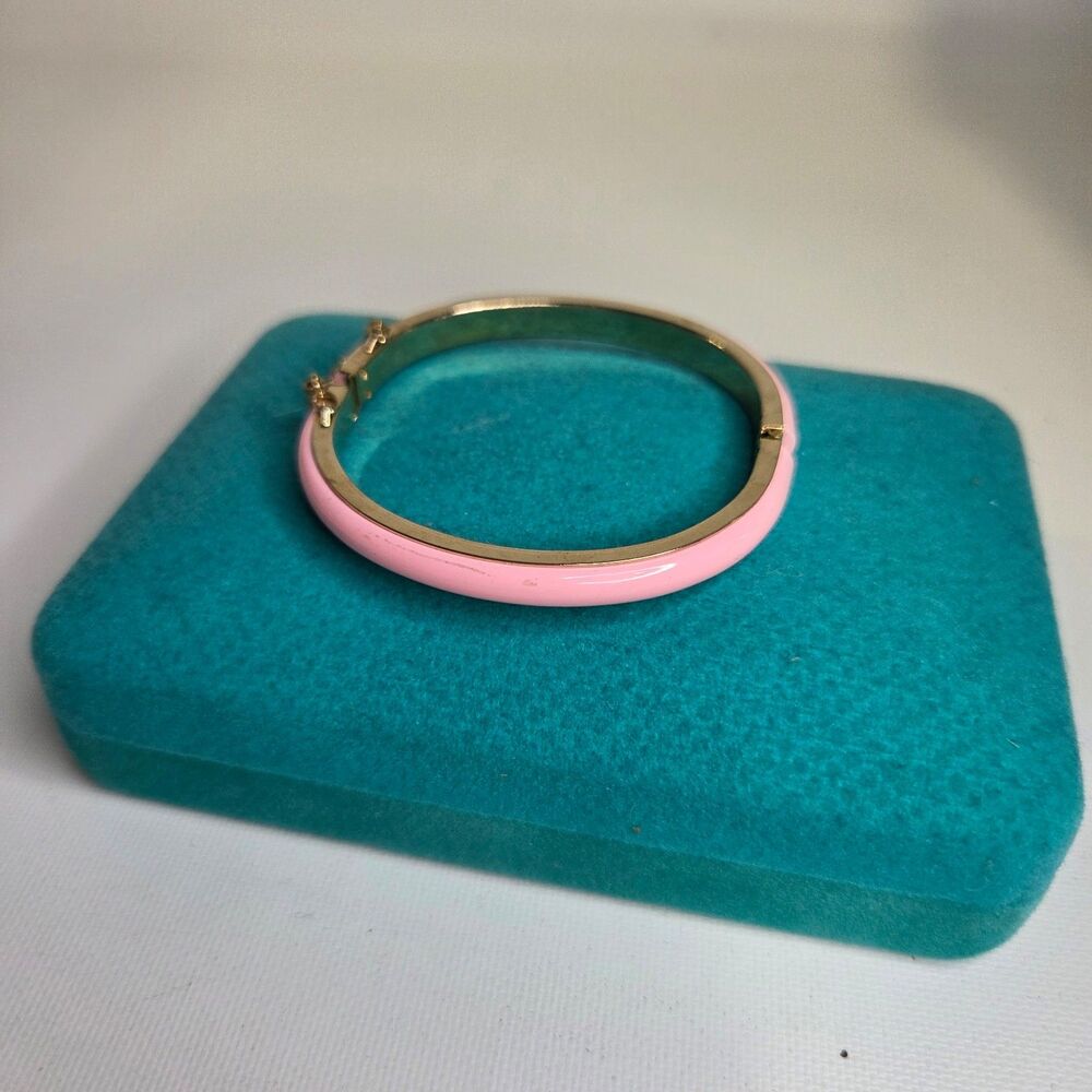 Vintage Gold Tone Pink Enamel Bangle Bracelet Hinged